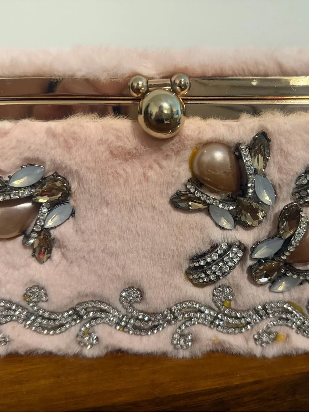 Embellished Pink Faux Fur Evening Clutch with Gold-Tone Frame